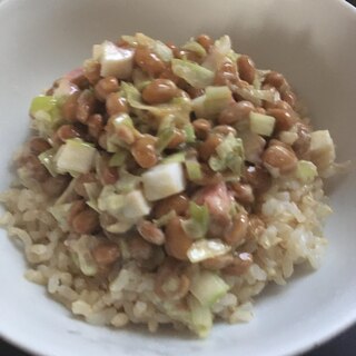 イカ、ねぎ、マヨポン納豆の玄米丼